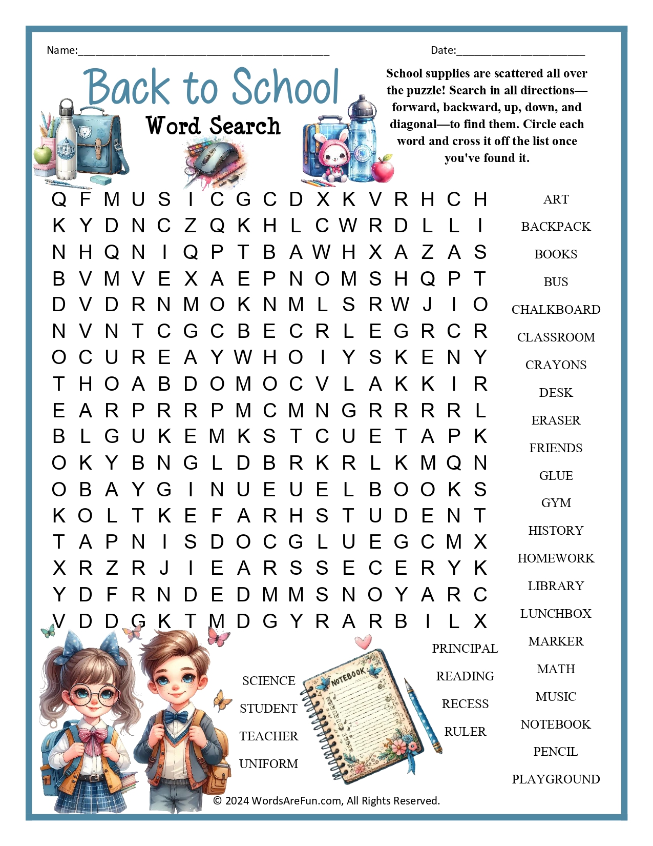 Back to School Word Search