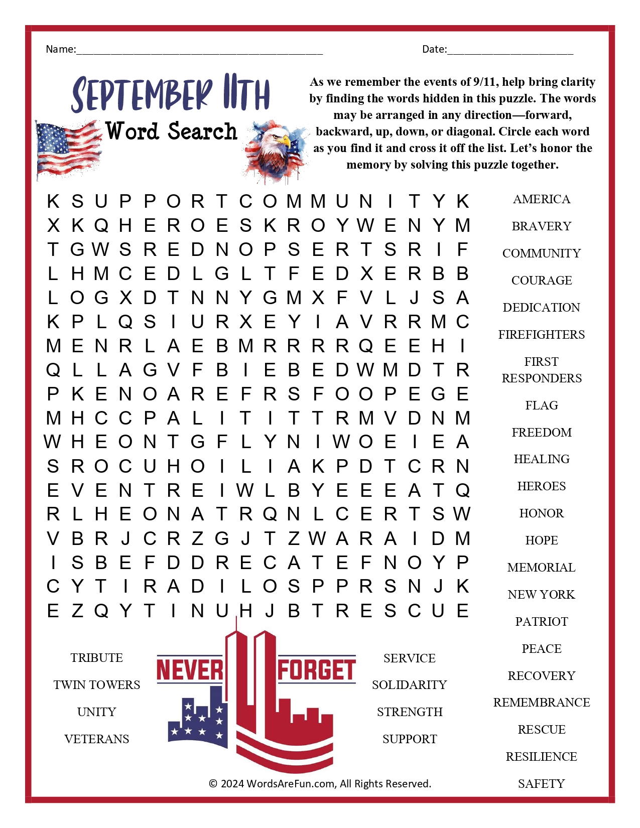 September 11th Word Search