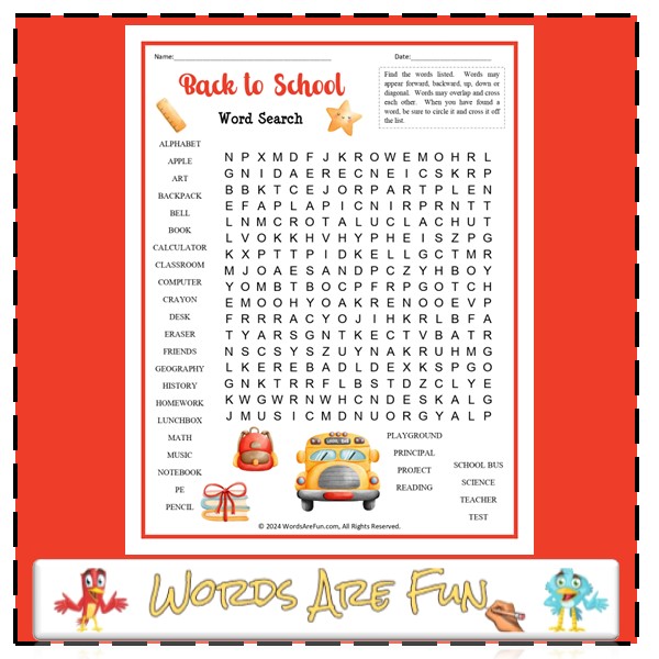 Back to School Word Search