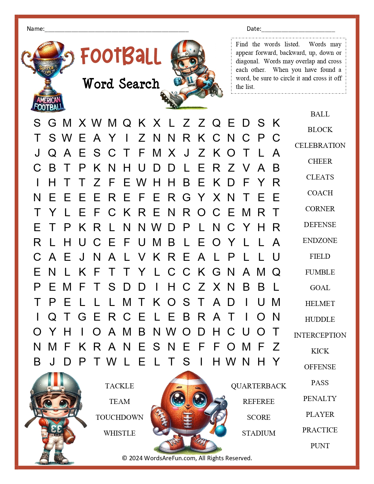 Football Word Search for Kids