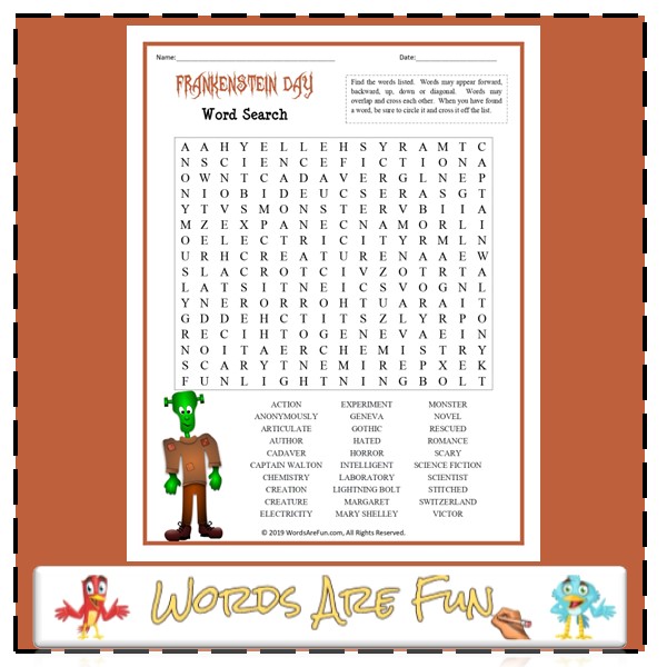 Frankenstein Day Word Search