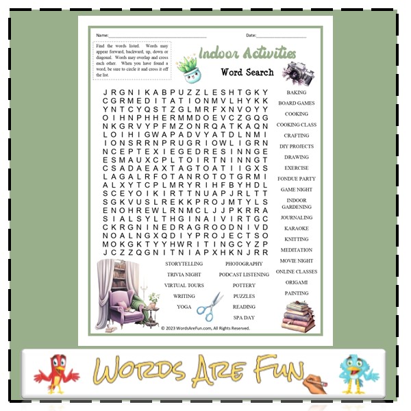 Indoor Activities Word Search