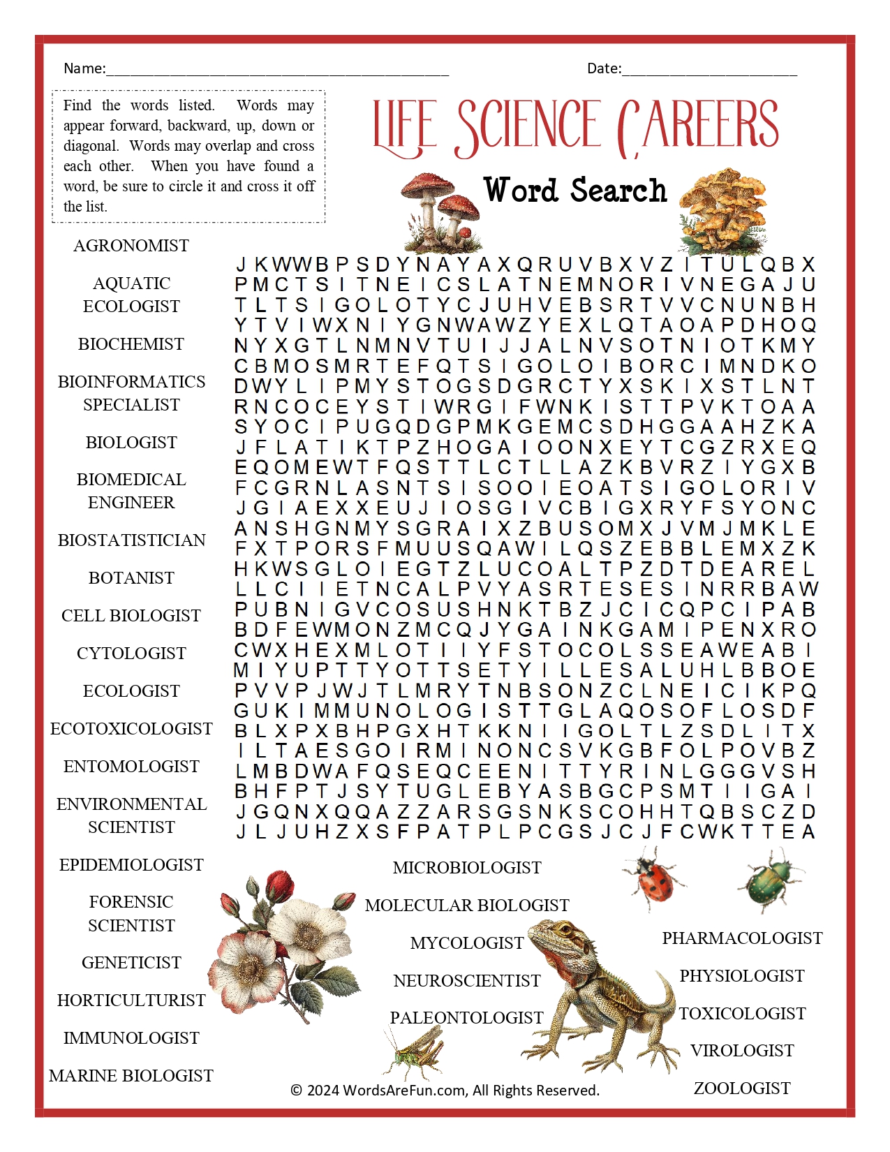 Life Science Careers Word Search