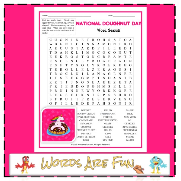 National Doughnut Day Word Search