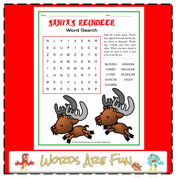 Santa's Reindeer Word Search