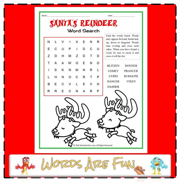 Santa's Reindeer Word Search + Coloring