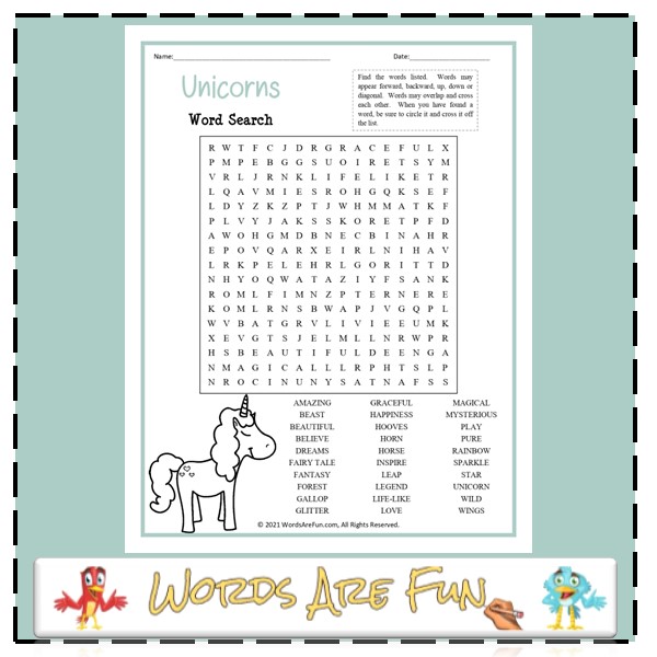 Unicorns Word Search + Coloring