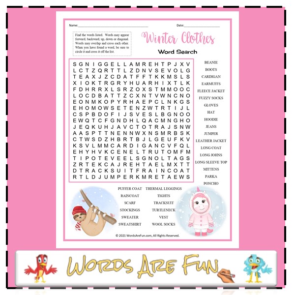 Winter Clothes Word Search