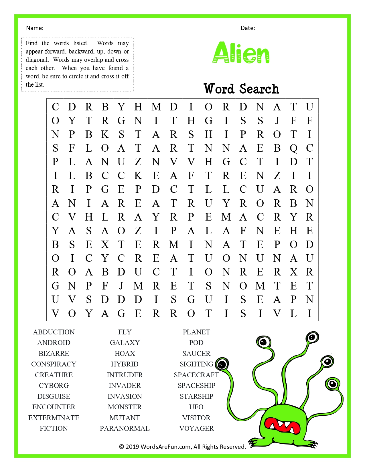 Alien Word Search For Kids