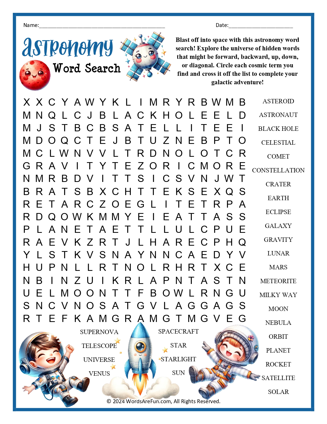 Astronomy Word Search Answer Key