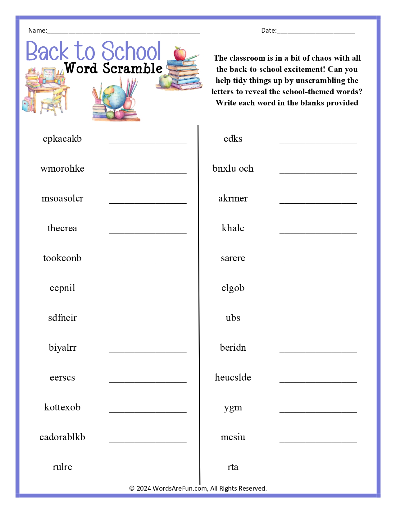 Back to School Word Scramble