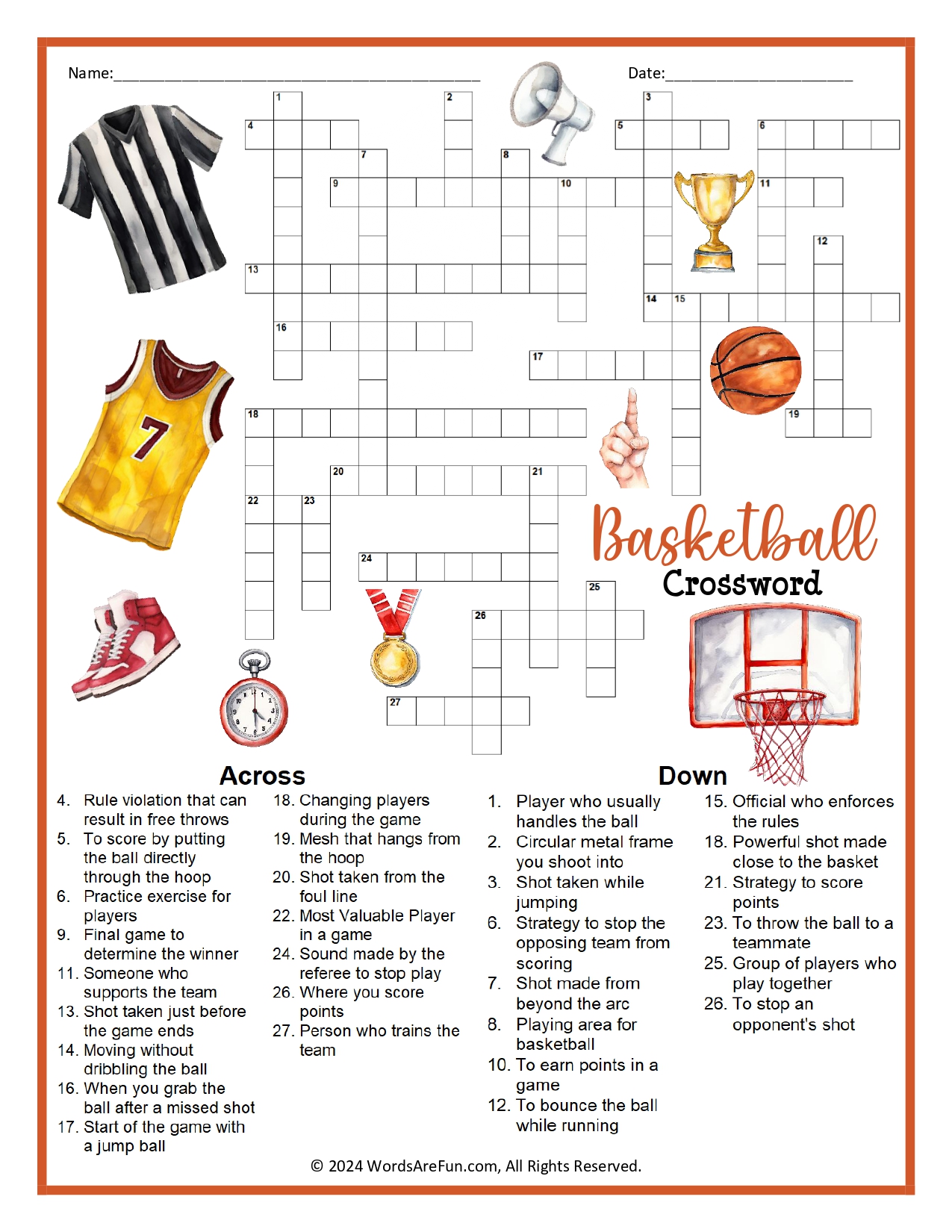 Basketball Crossword Puzzle