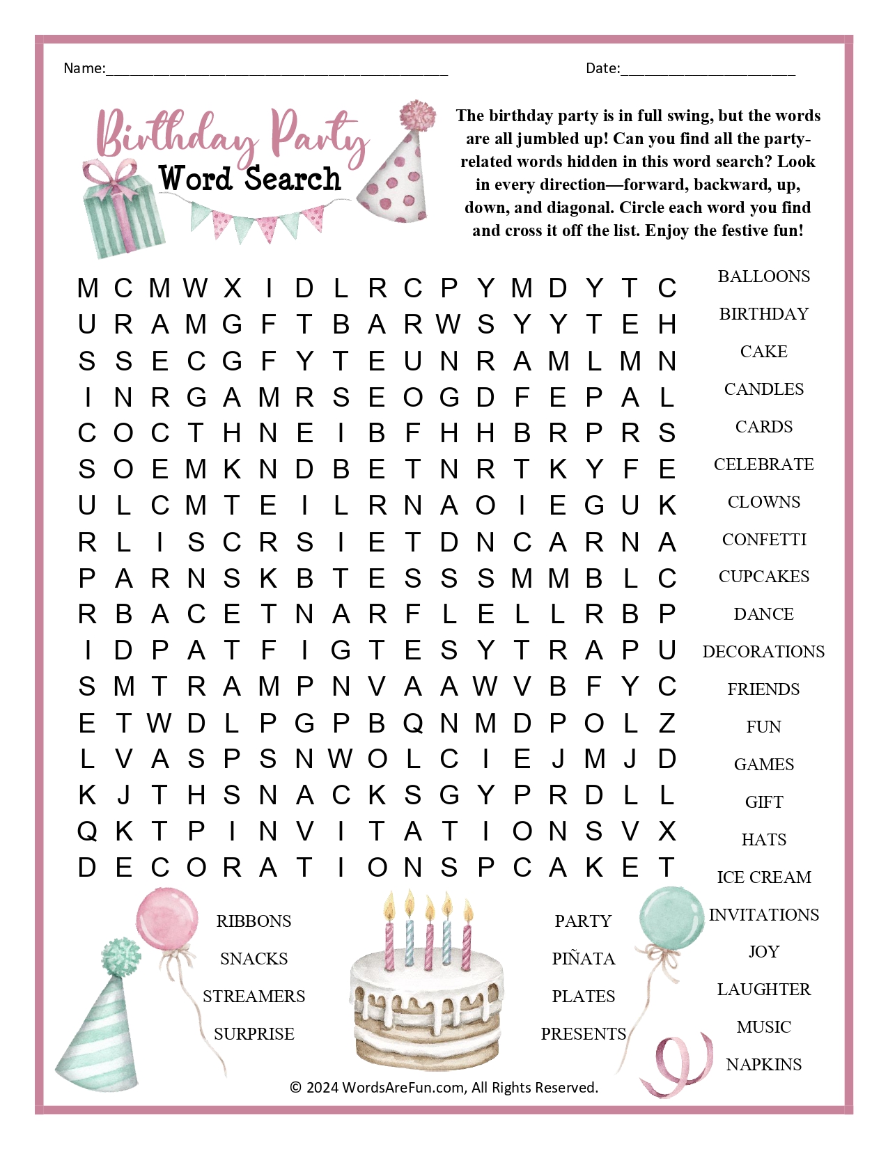 Birthday Party Word Search