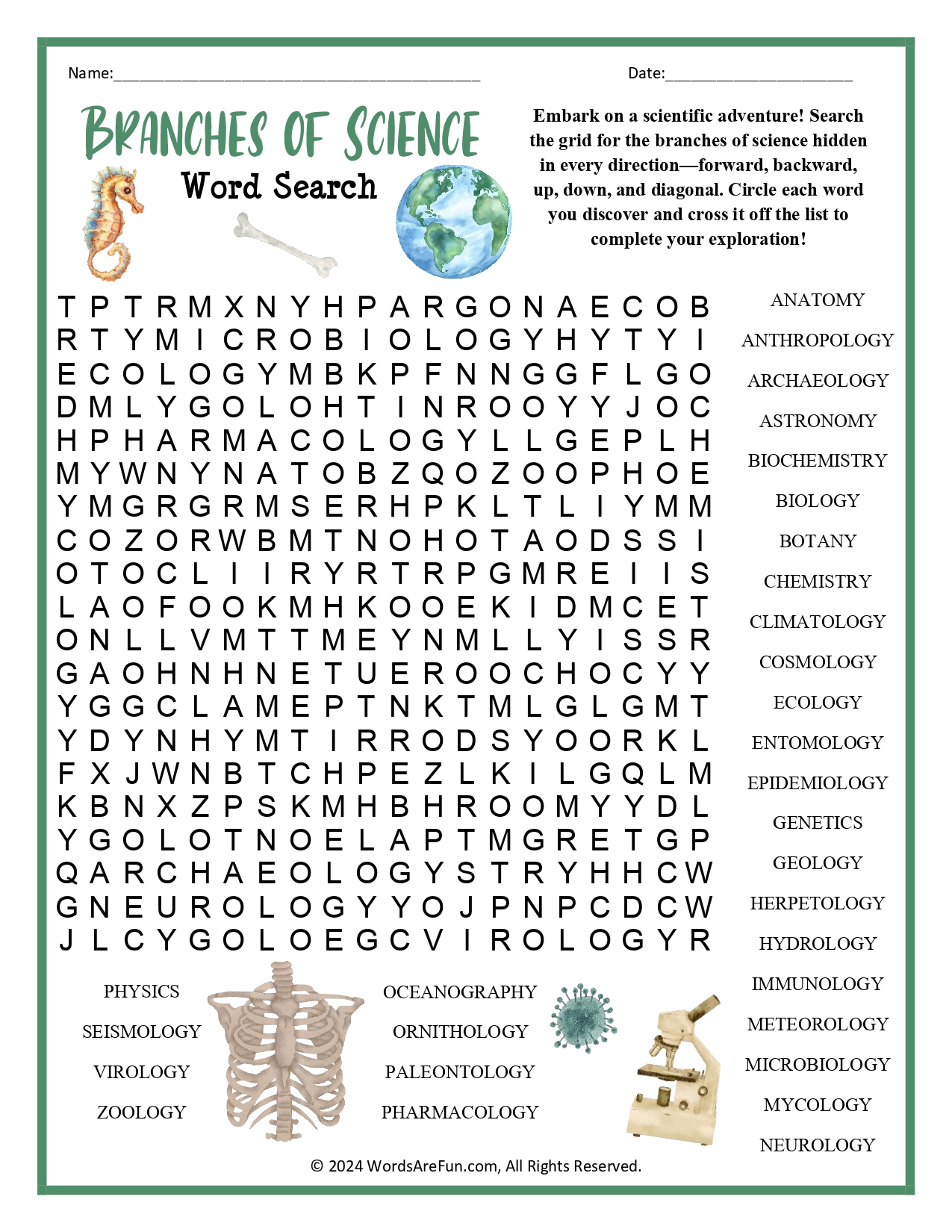 Branches of Science Word Search