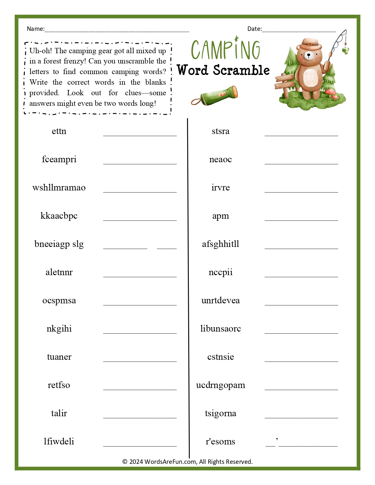 Camping Word Scramble