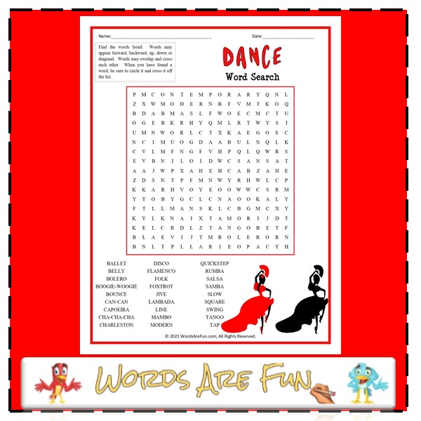 Dance Word Search For Kids