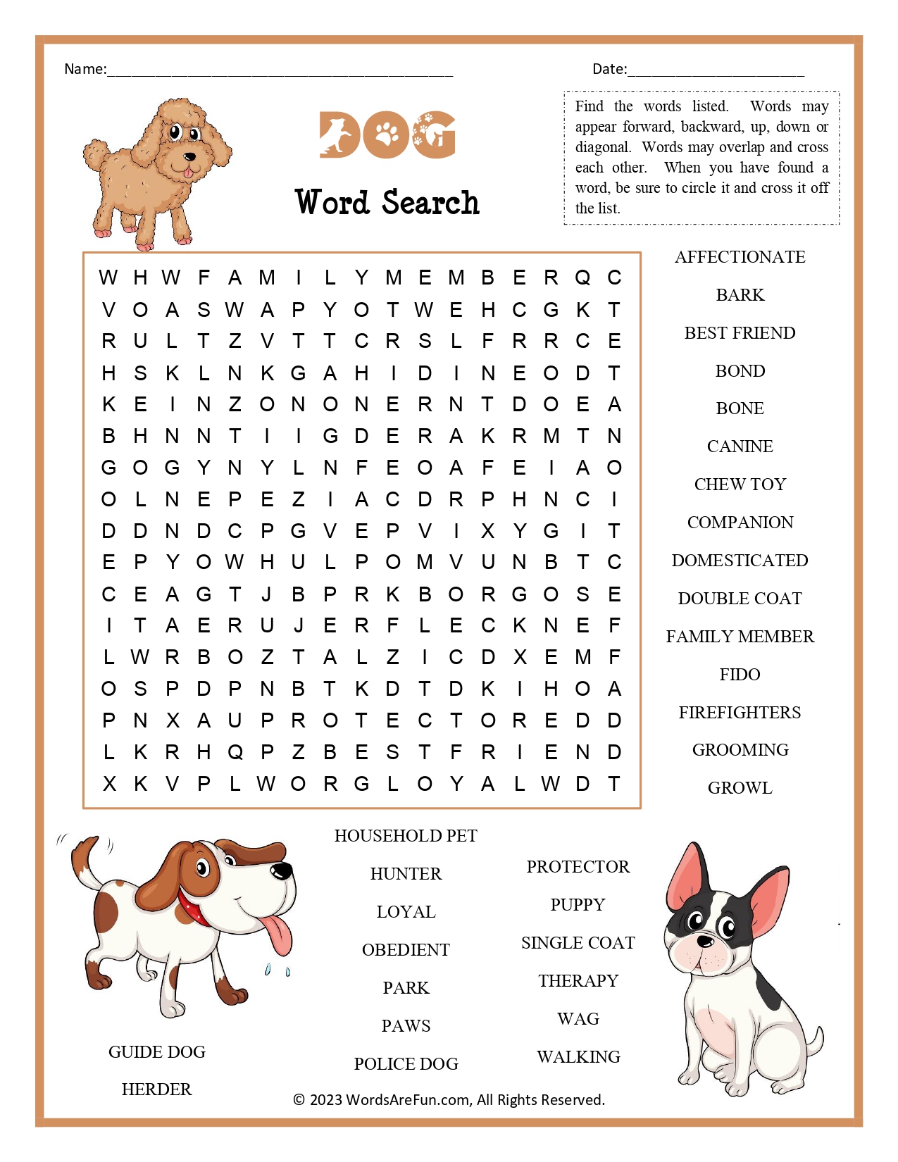 Word Search about Dogs [fun, free printable PDF] - Puzzletainment Publishing