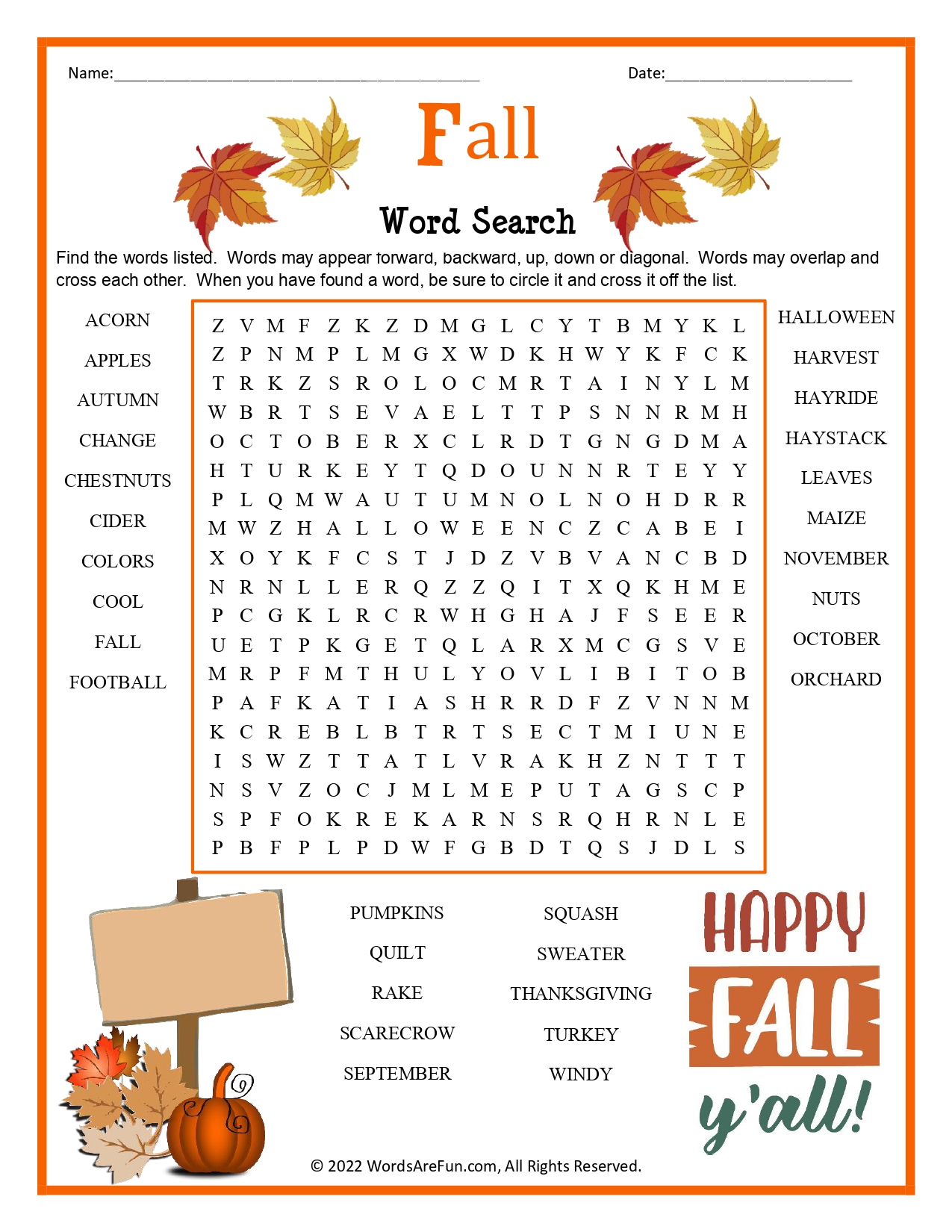 Fall Word Search For Kids