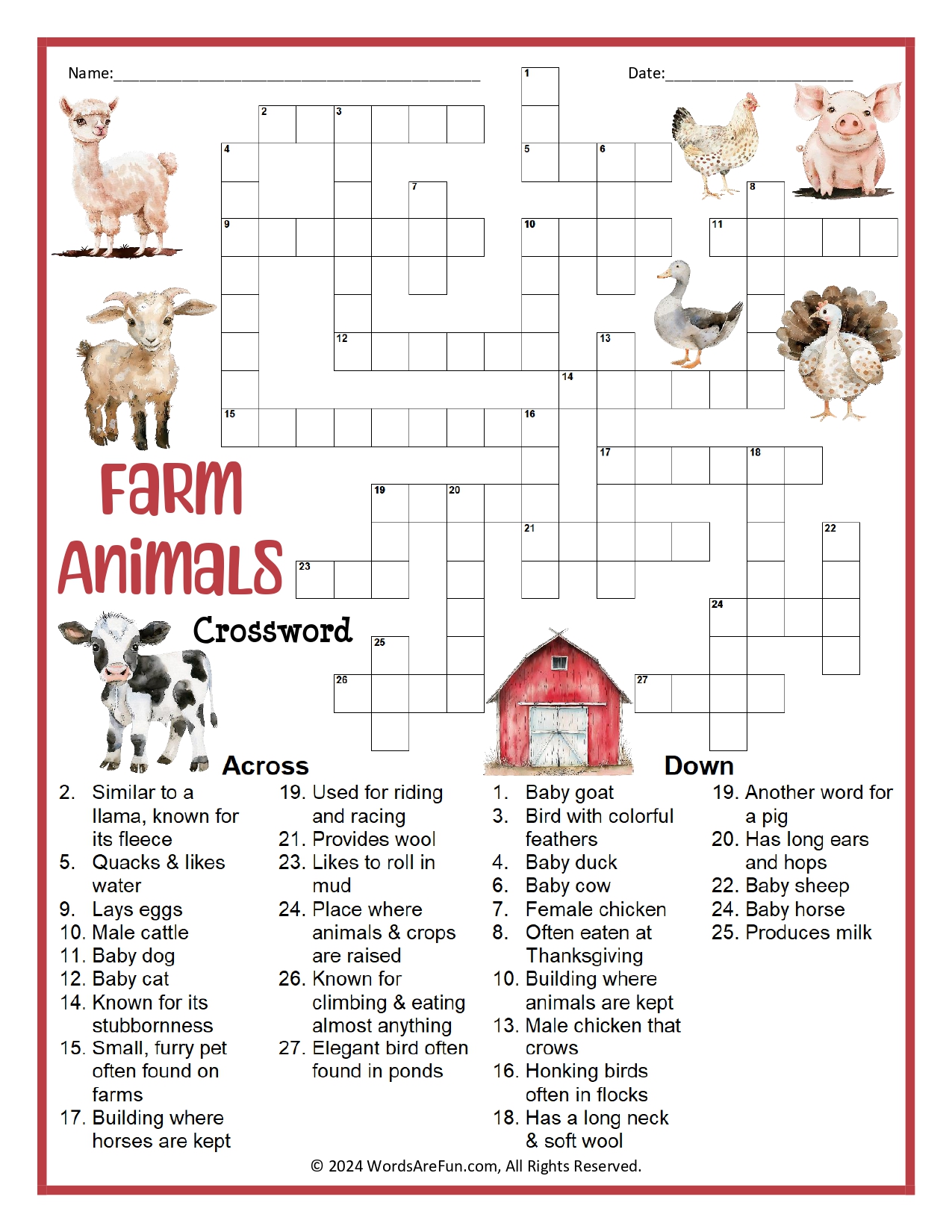 Farm Animal Crossword Puzzle