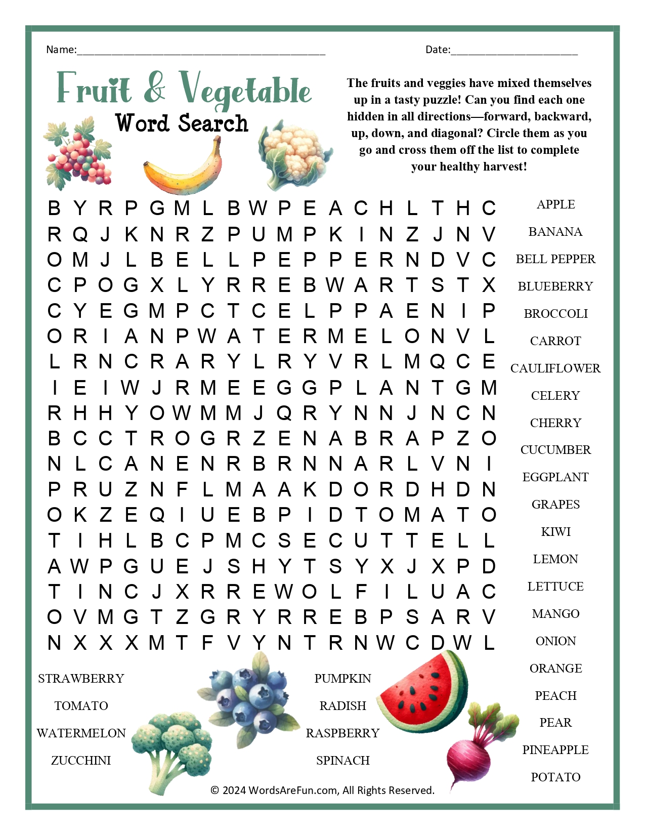 Fruit and Vegetable Word Search