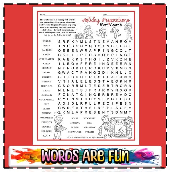 Holiday Preparations Word Search + Coloring