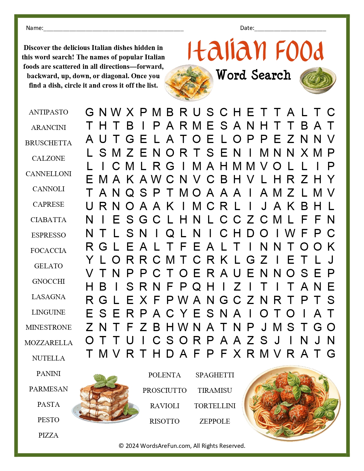 Italian Food Word Search