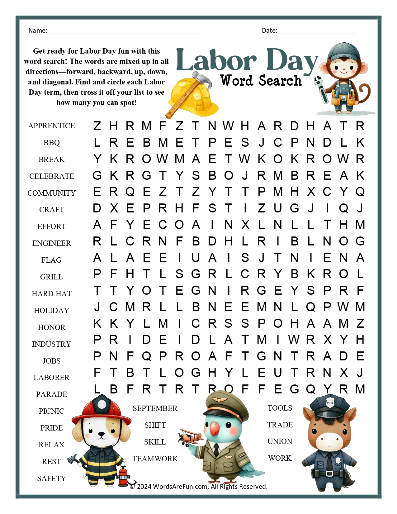 Labor Day Word Search