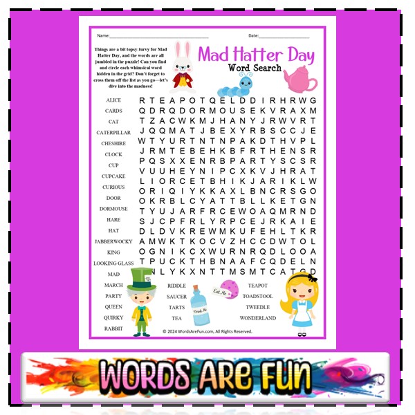 Mad Hatter Day Word Search