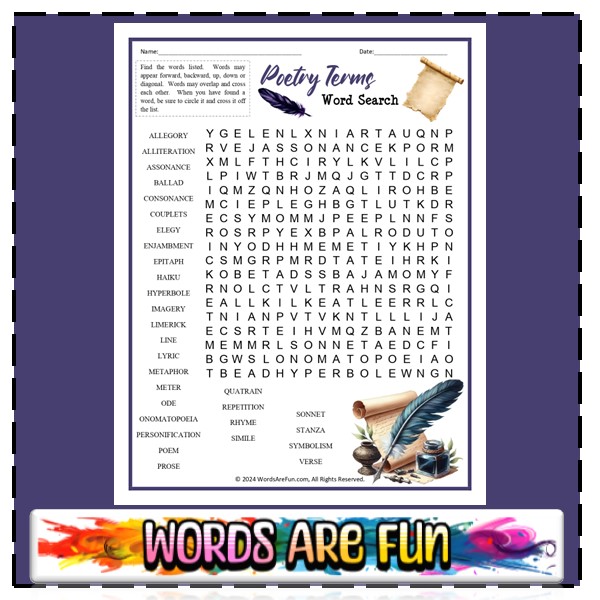 Poetry Terms Word Search