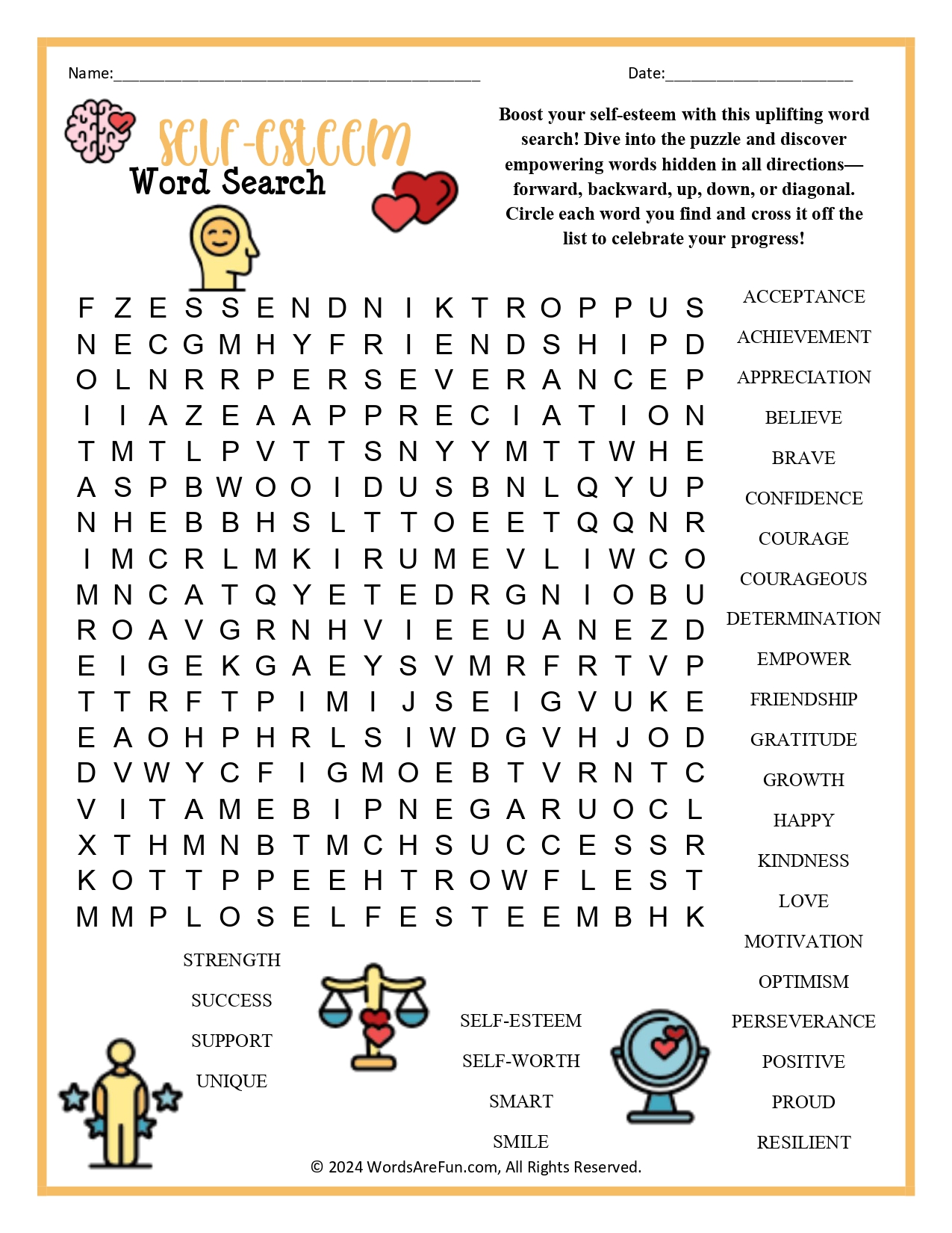 Self-Esteem Word Search Printable