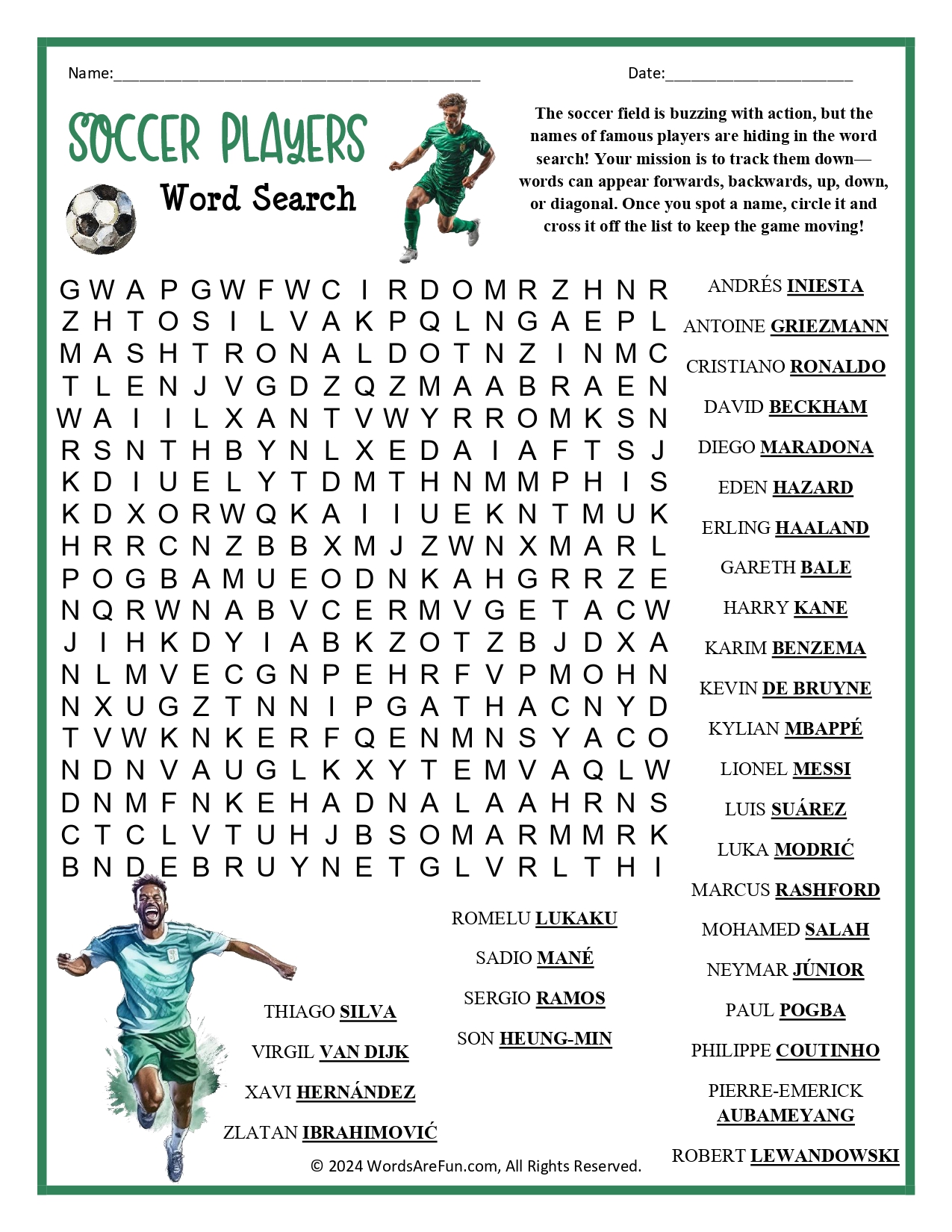 Soccer Players Word Search