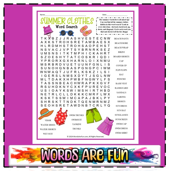 Summer Clothes Word Search