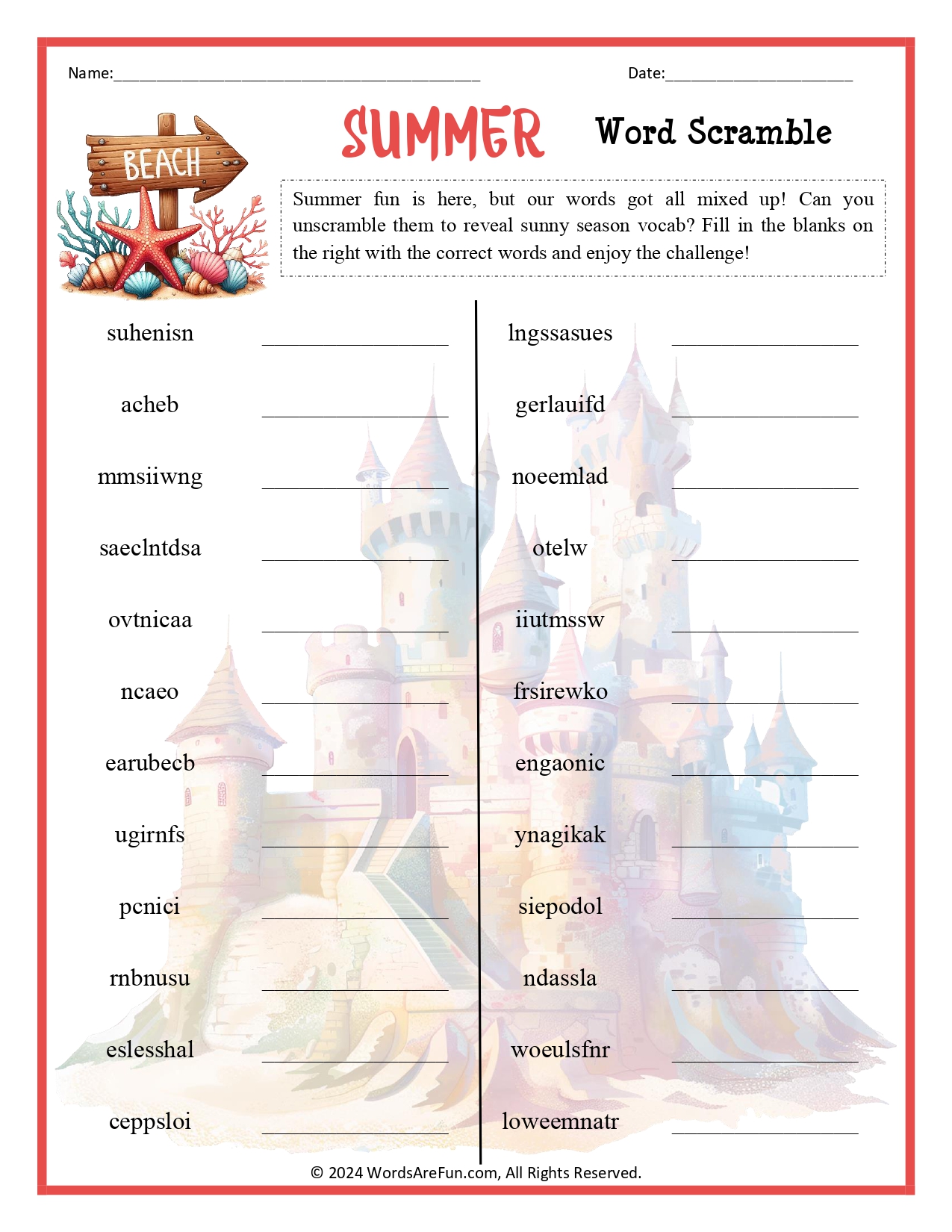 Summer Word Scramble