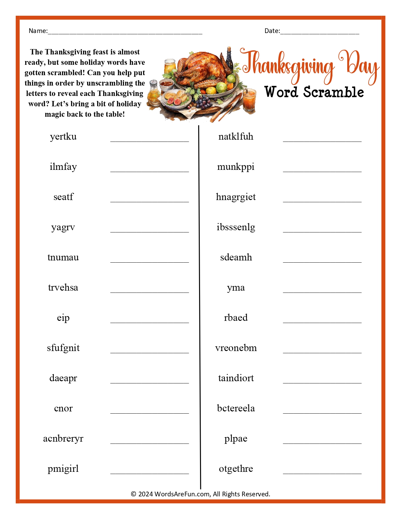 Thanksgiving Day Word Scramble