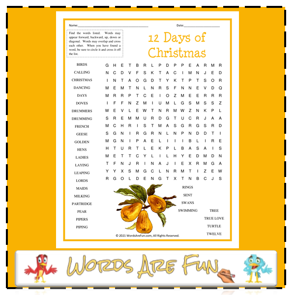 12 Days of Christmas Word Search