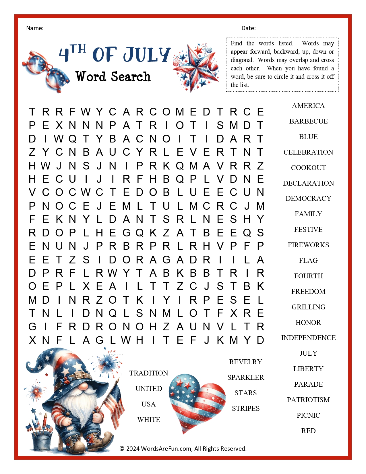 4th of July Word Search