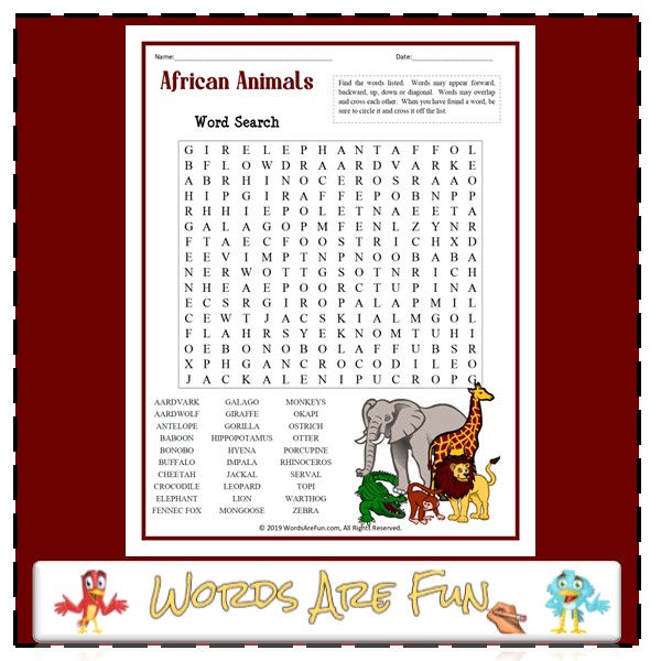 African Animals Word Search