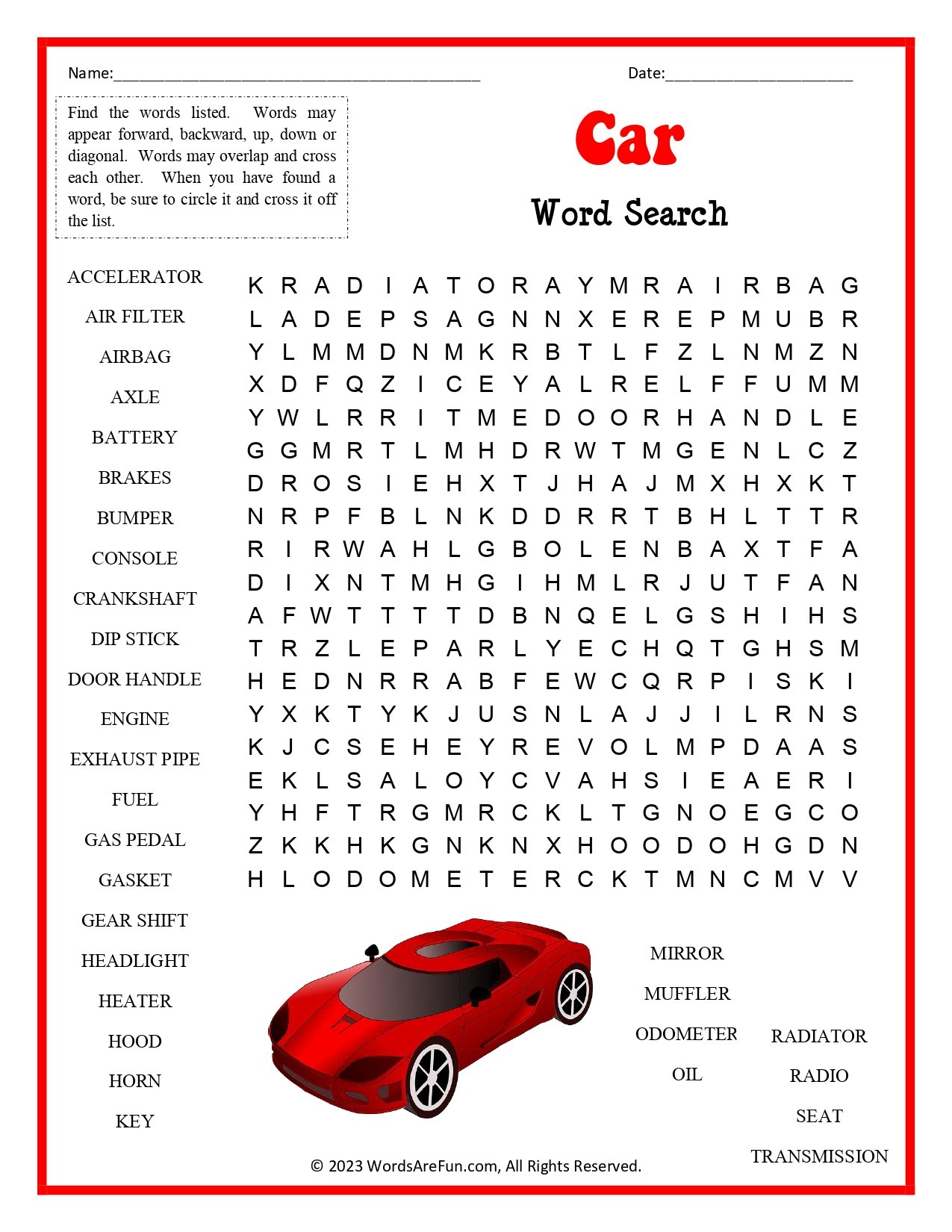 Car Word Search