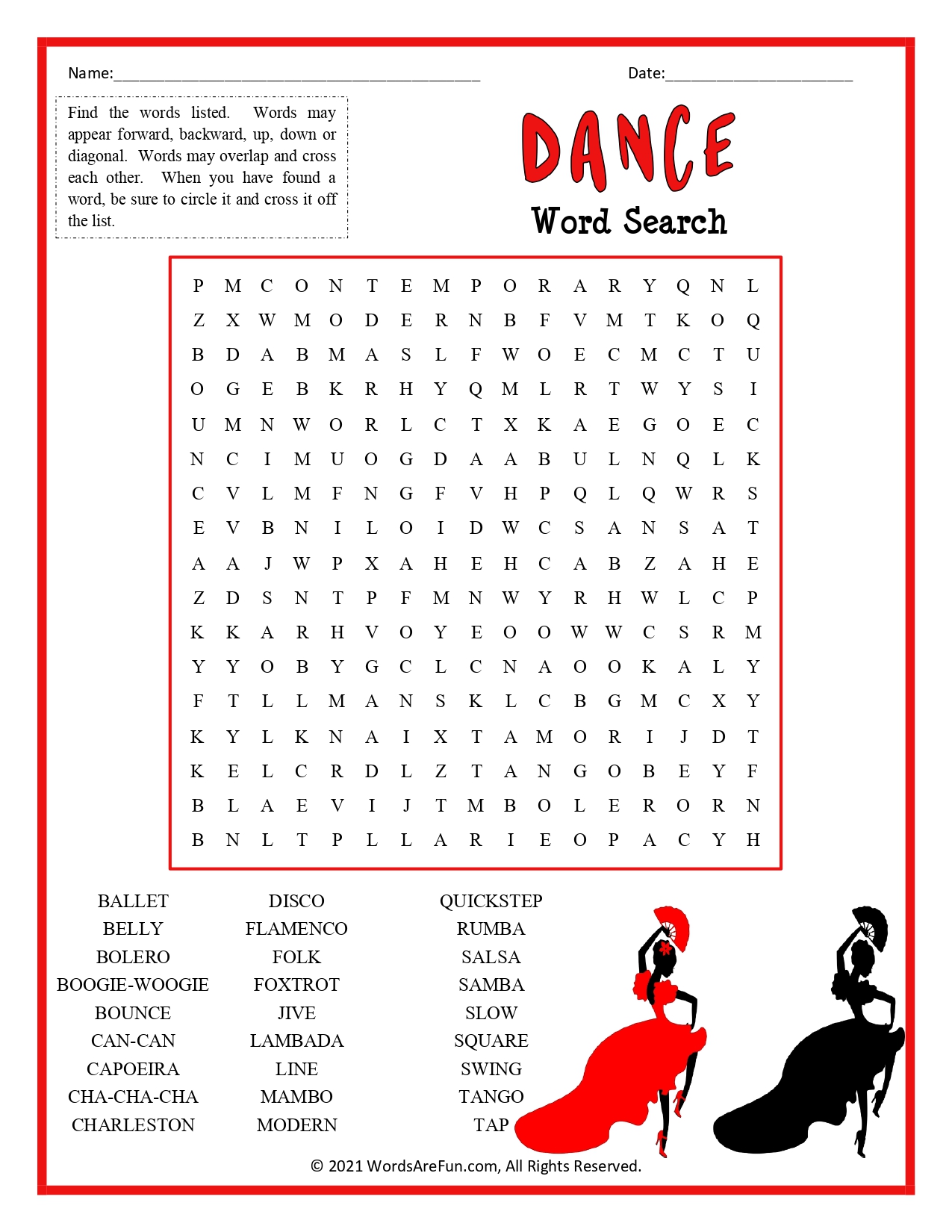 Dance Word Search for Kids