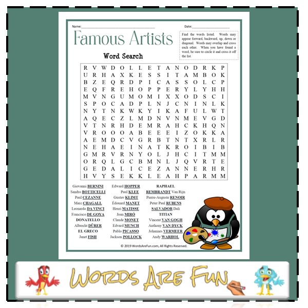 Famous Artists Word Search