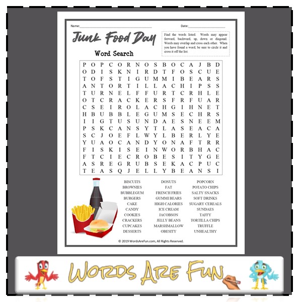 Junk Food Day Word Search