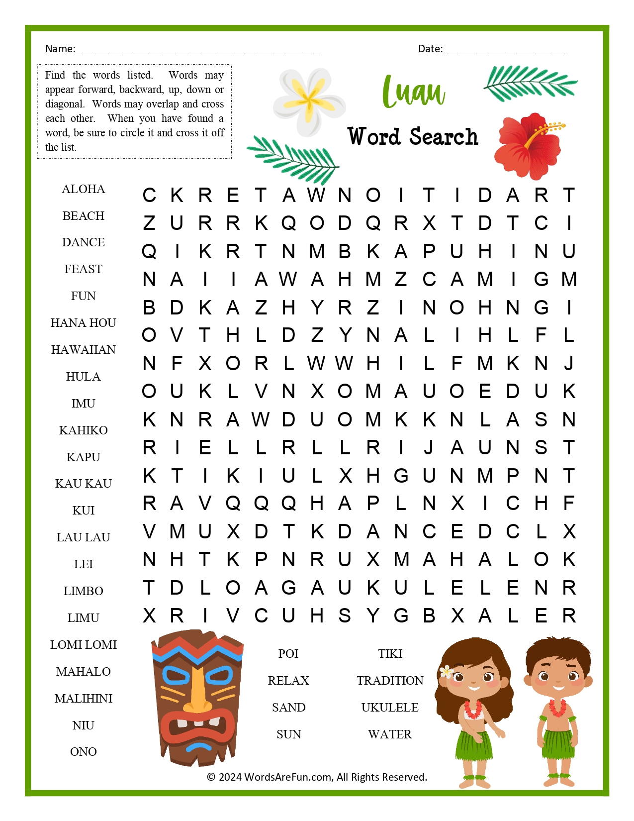 Luau Word Search for Kids