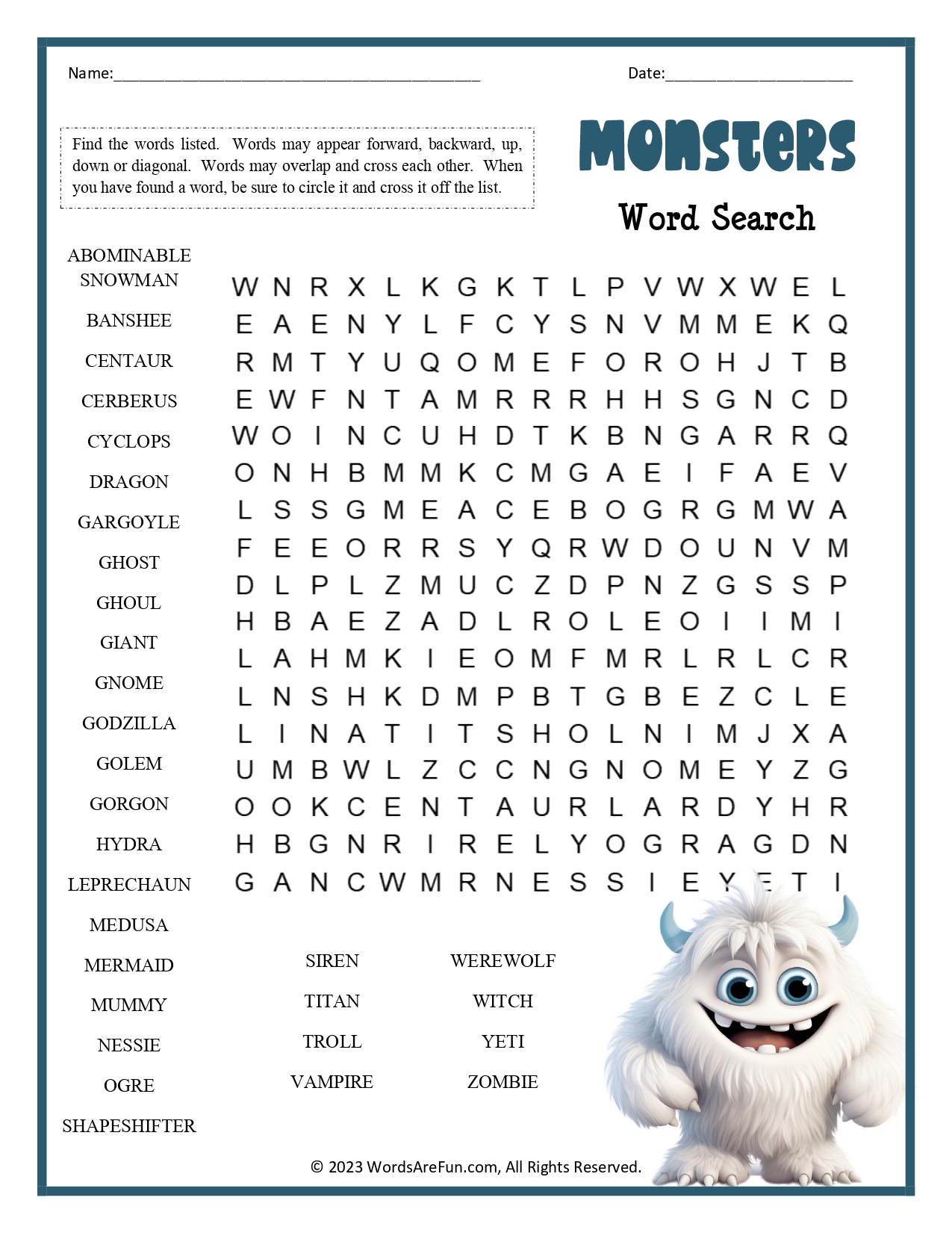 Monsters Word Search