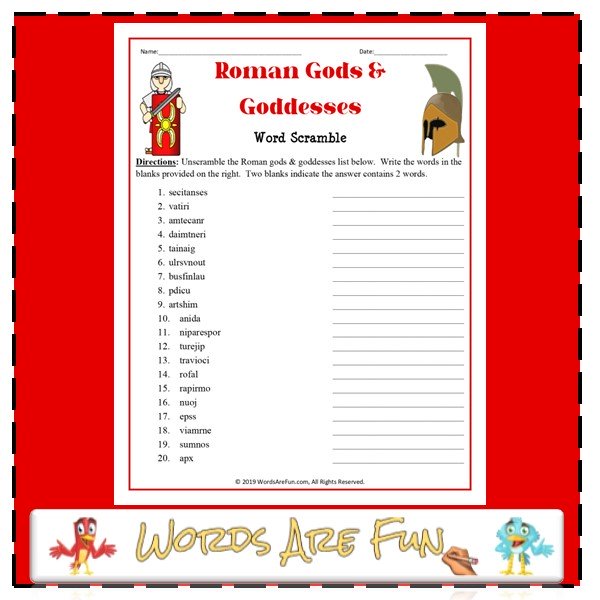 Roman Gods & Goddesses Word Scramble