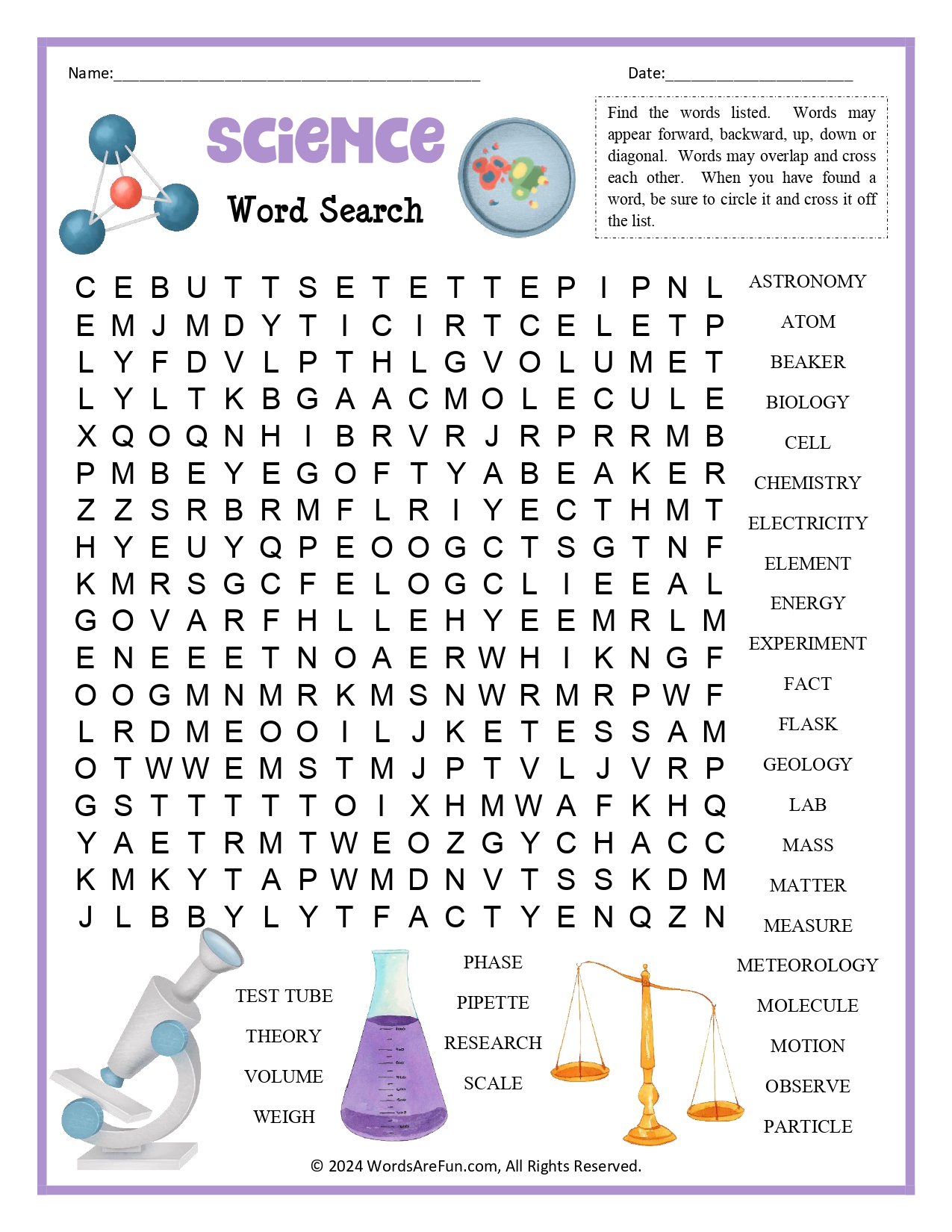 Science for Kids Word Search