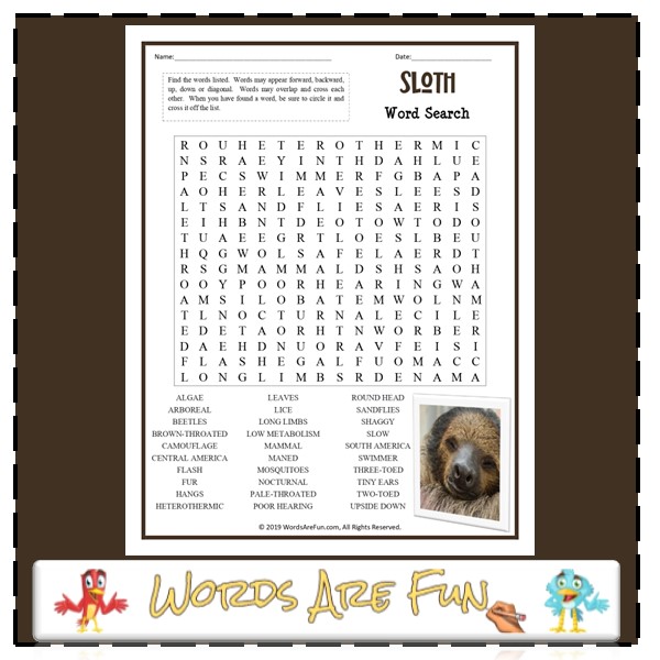 Sloth Word Search