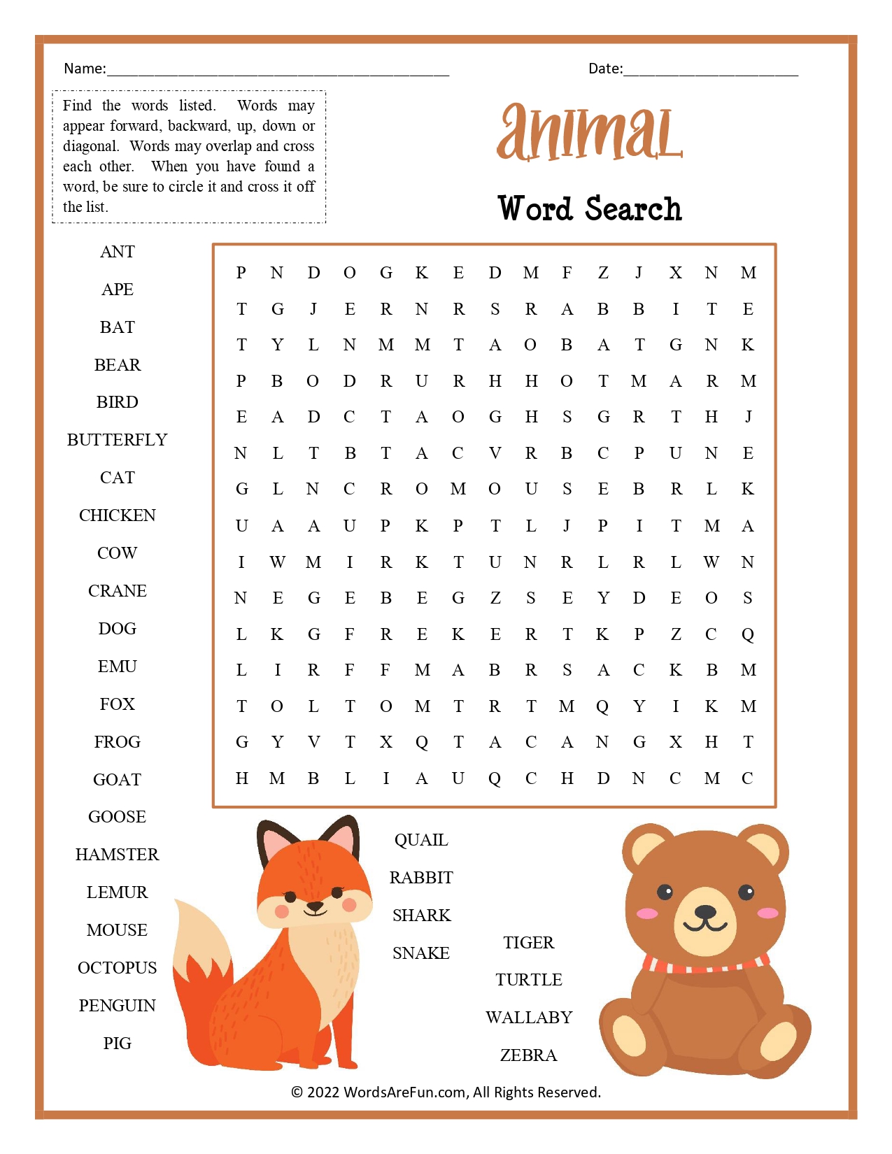 Animal Word Search For Kids