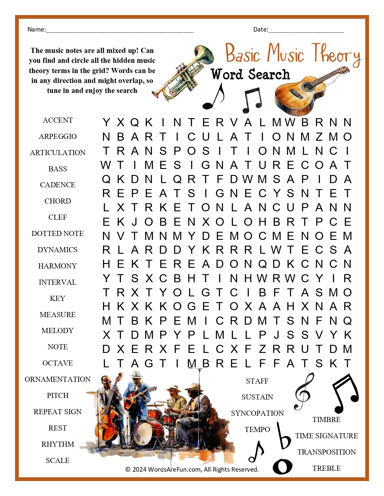 Basic Music Theory Word Search