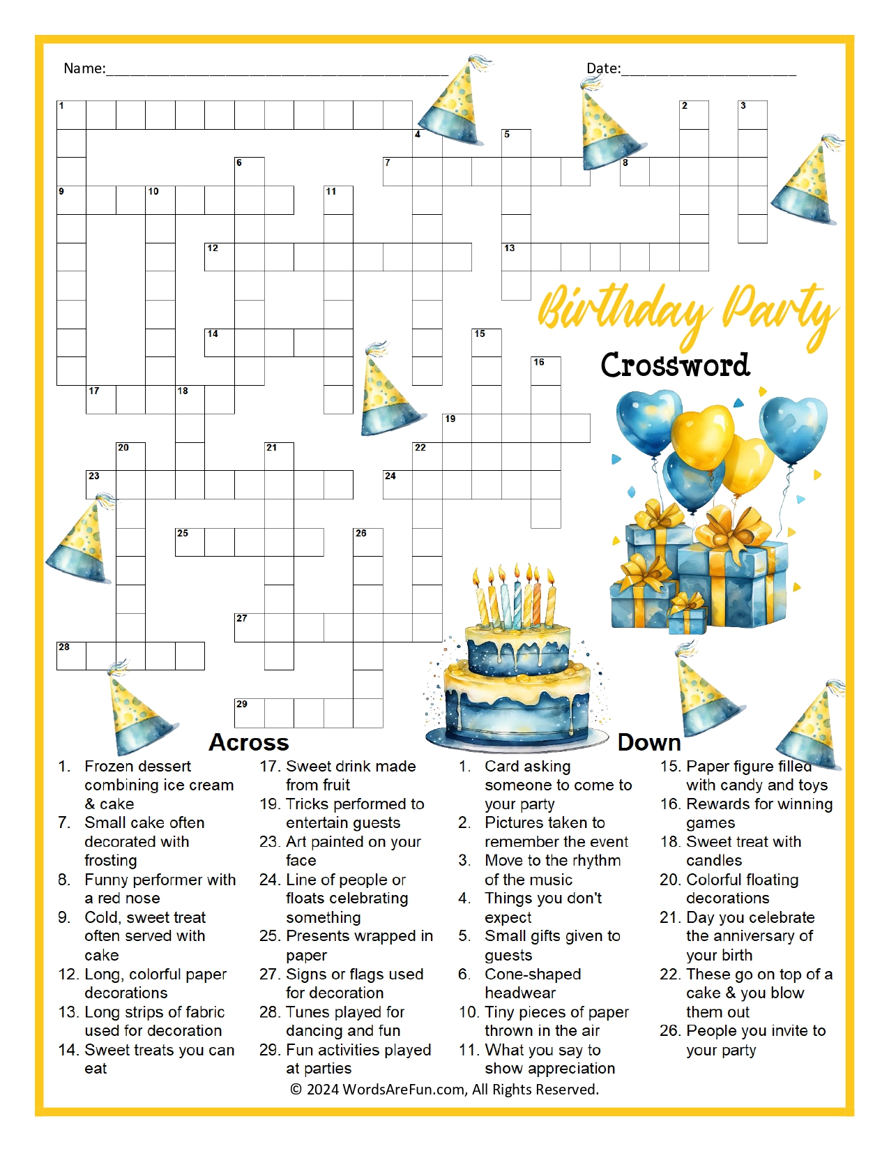 Birthday Party Crossword Puzzle