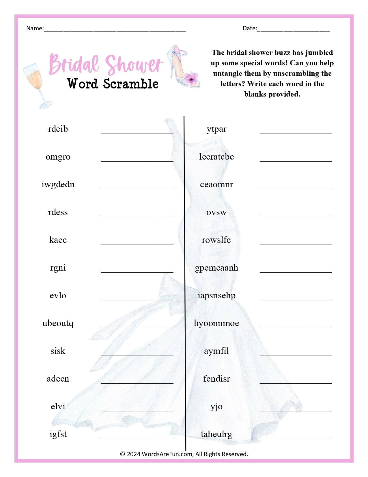 Bridal Shower Word Scramble